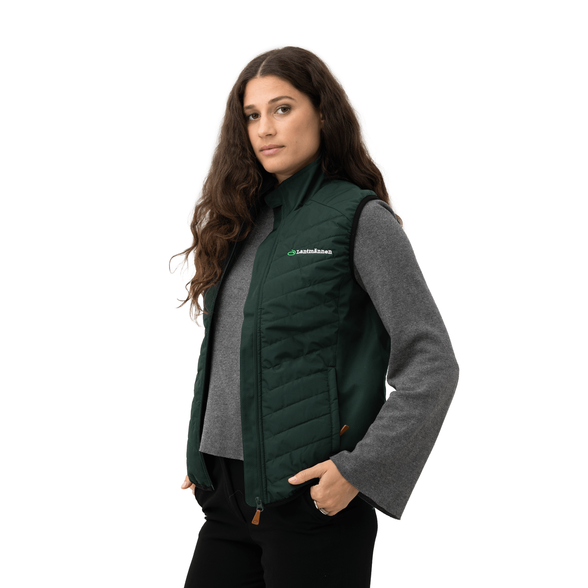 grön väst med lantmännen logga på modell framifrån