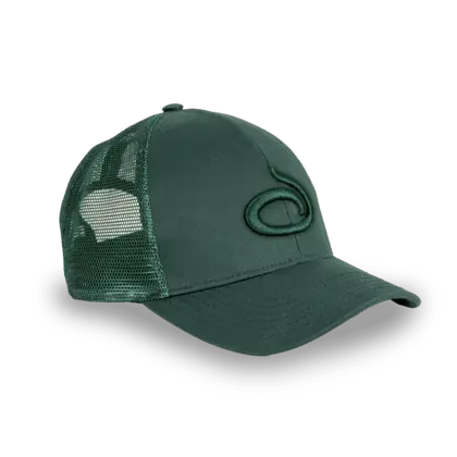 green trucker hat with embroided logo