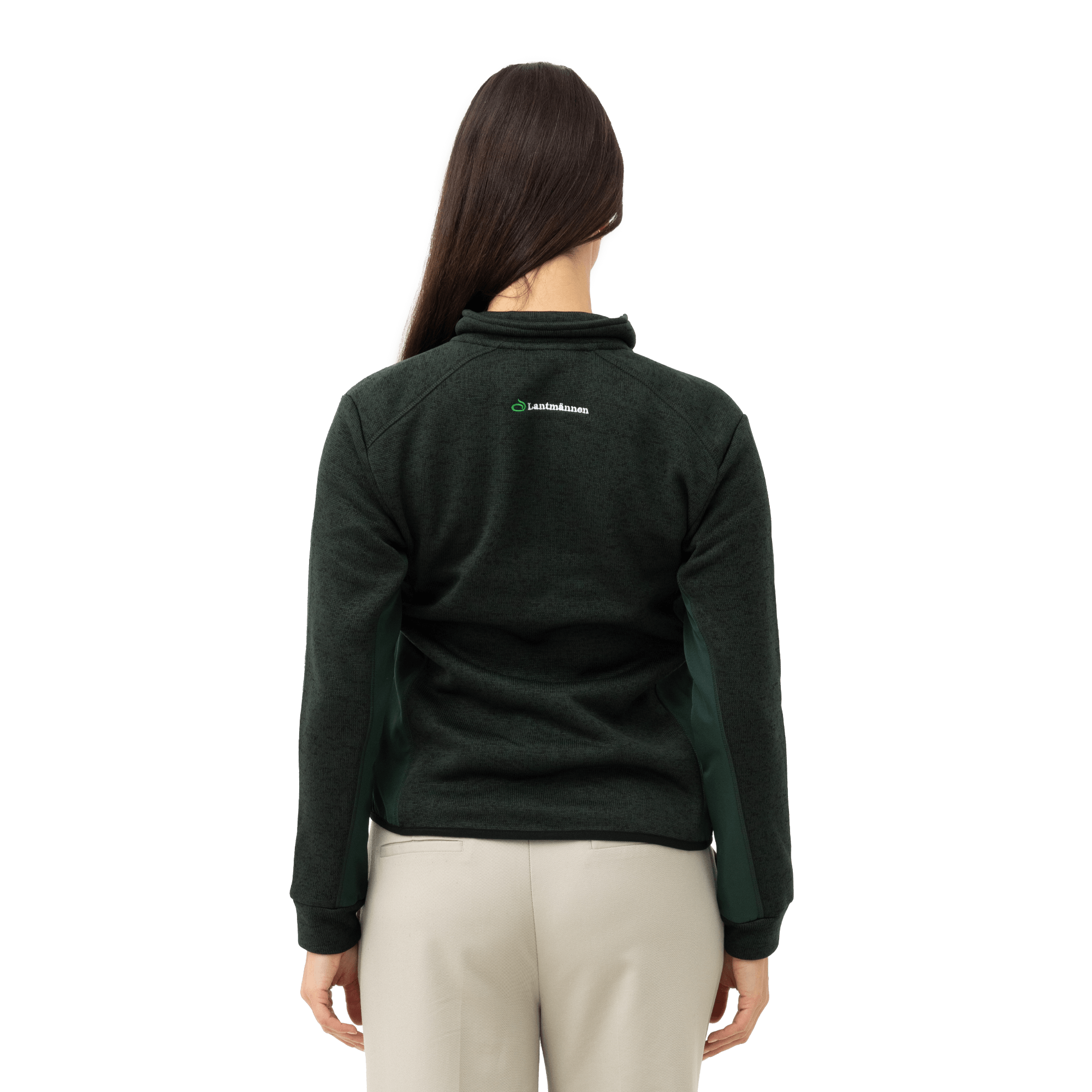 grön fleece på modell med lantmännen logga bakifrån