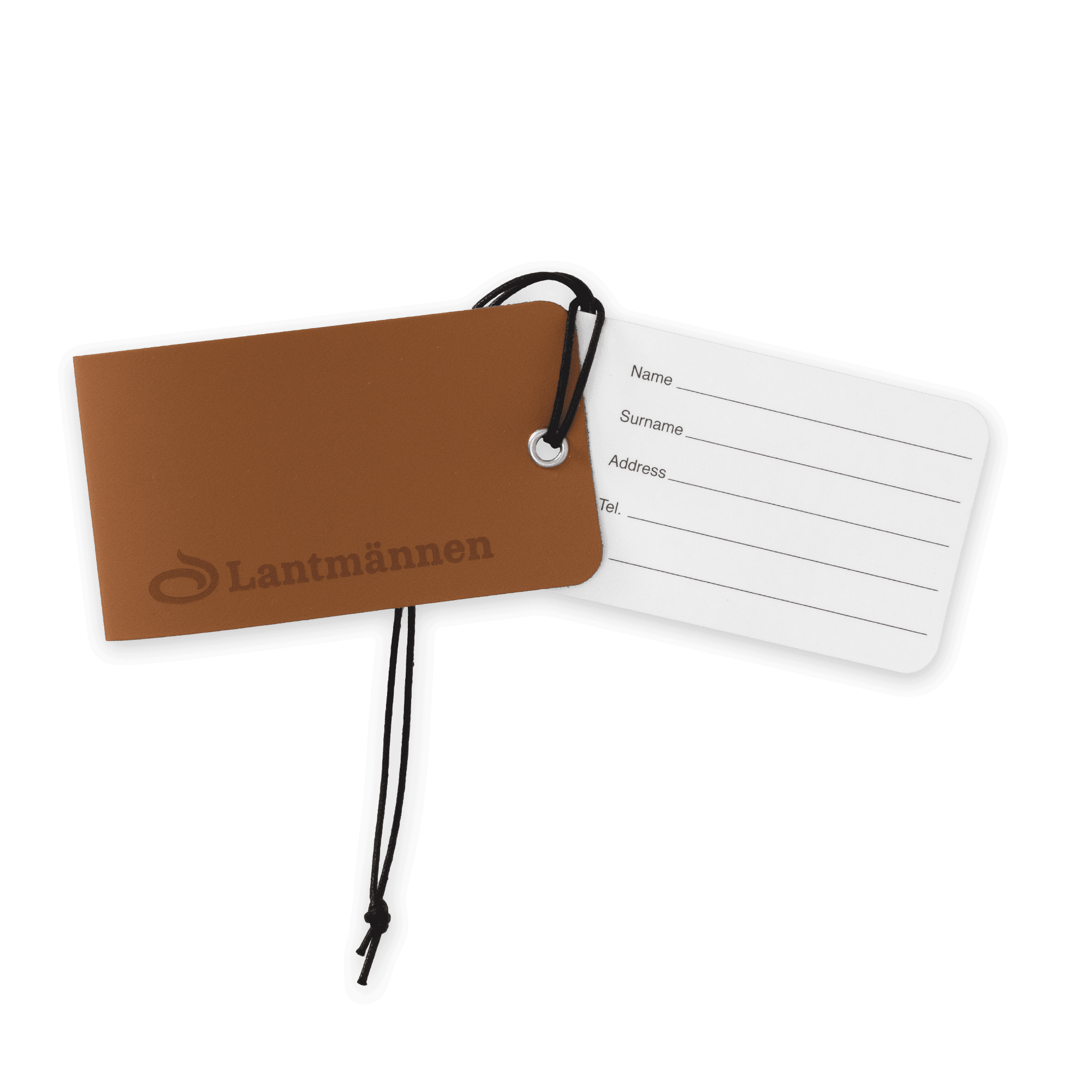 bagagebricka i läder med lantmännen logga och adresslapp