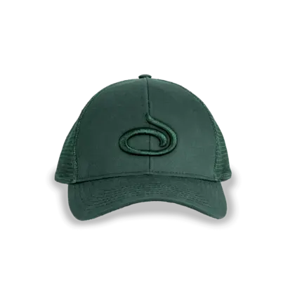 green trucker hat with embroided logo