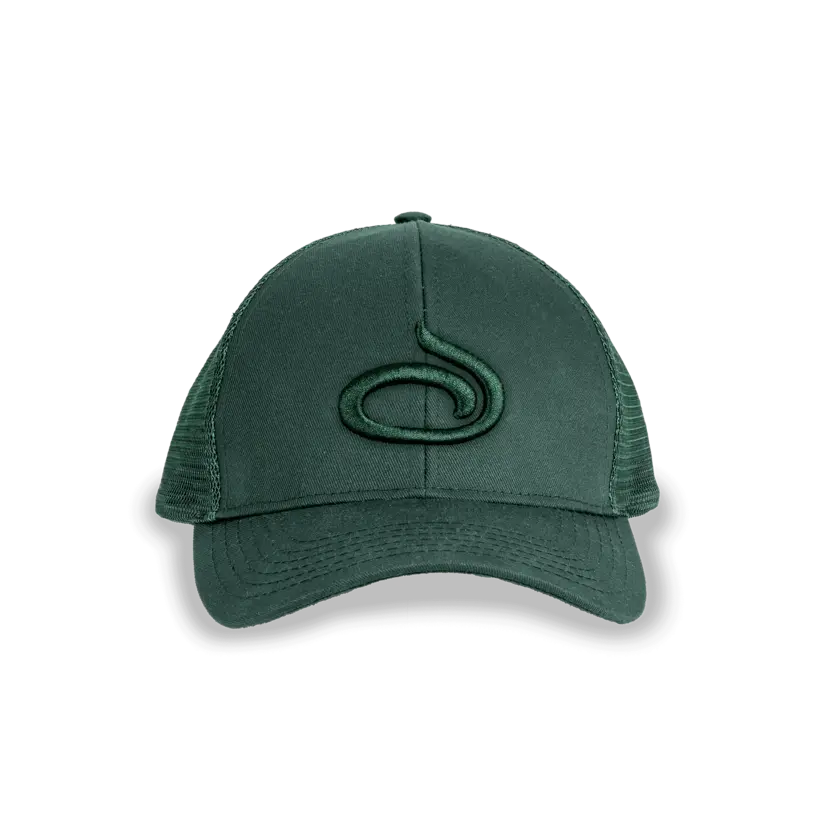 green trucker hat with embroided logo