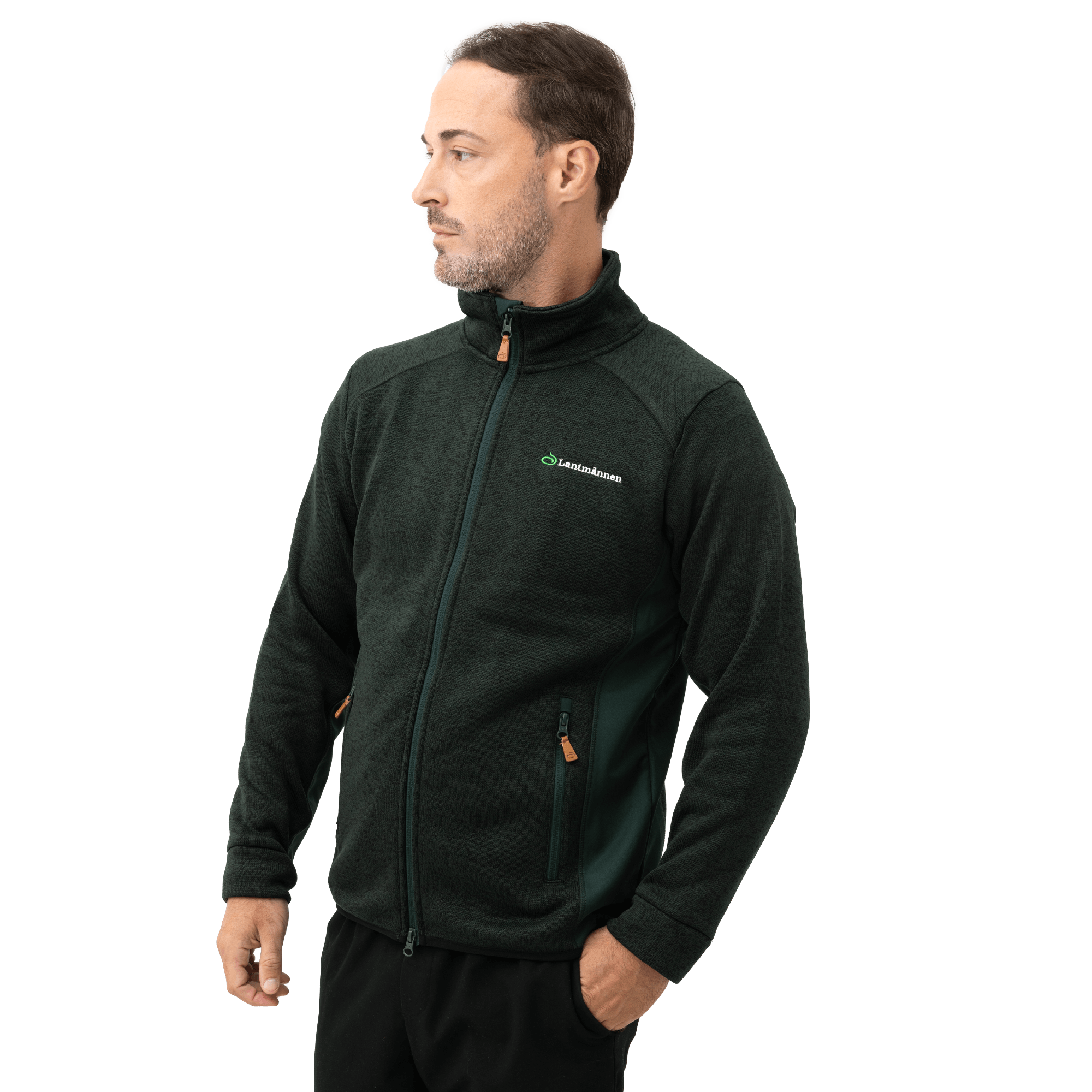 grön fleece på modell med lantmännen logga från sidan