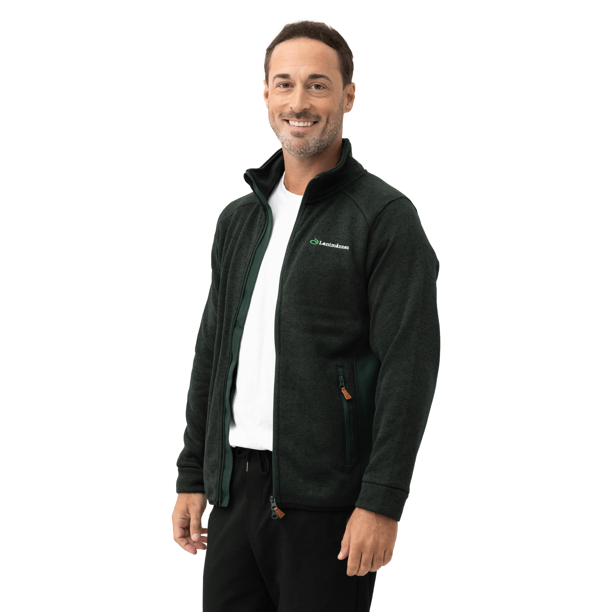 grön fleece på modell med lantmännen logga framifrån