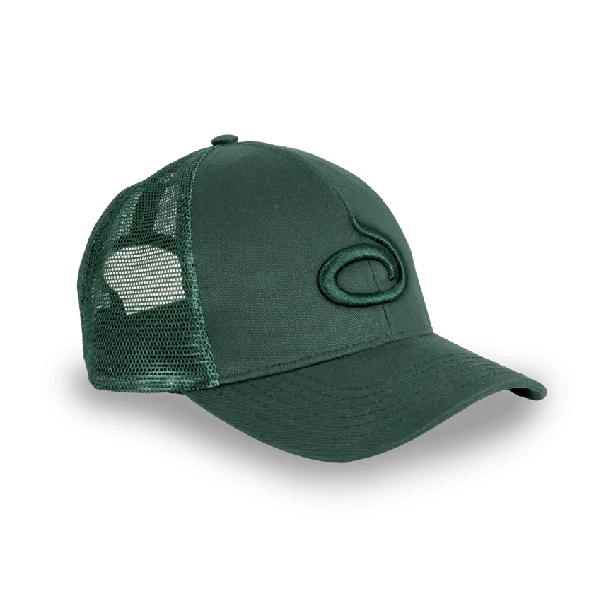 green trucker hat with embroided logo