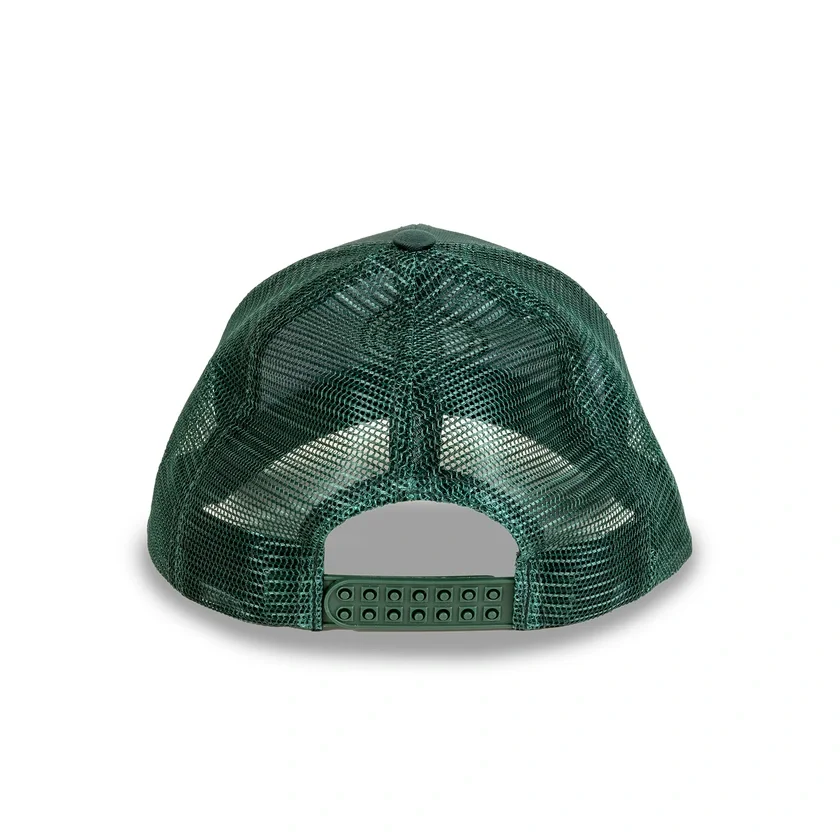 green trucker hat with embroided logo