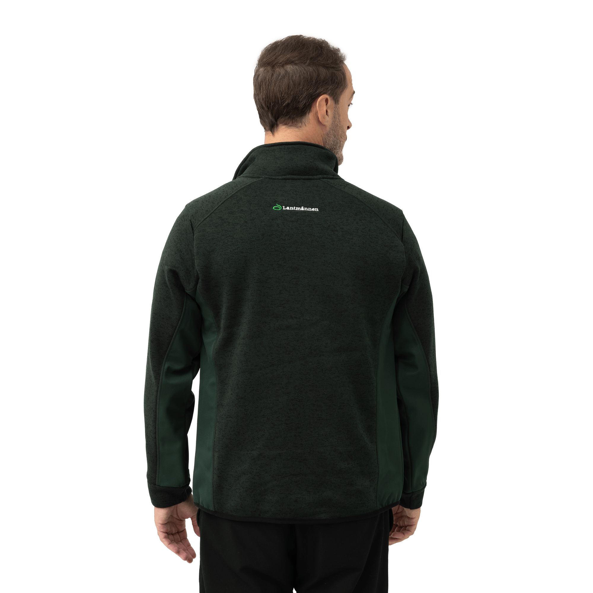 grön fleece på modell med lantmännen logga bakifrån