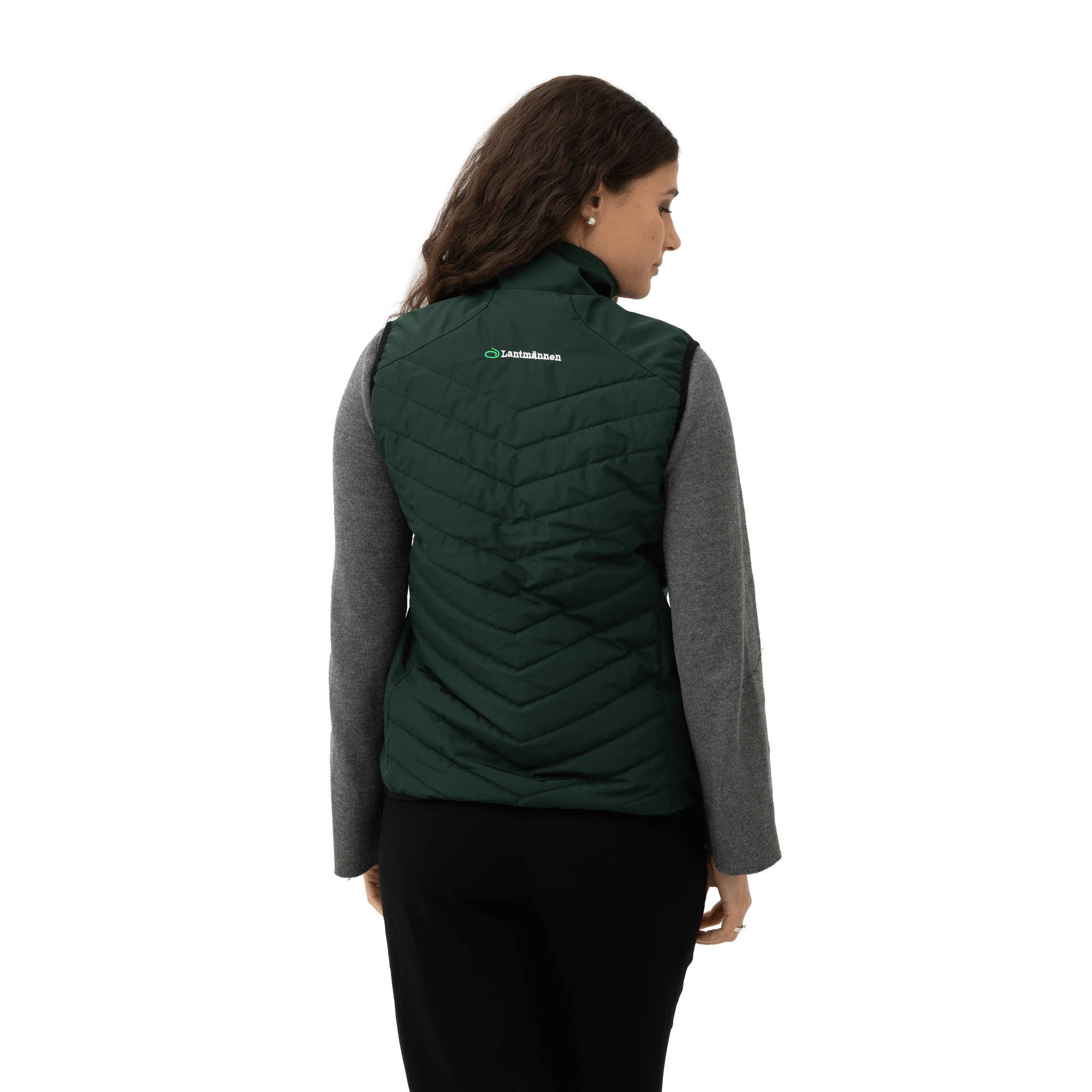 grön väst med lantmännen logga på modell bakifrån