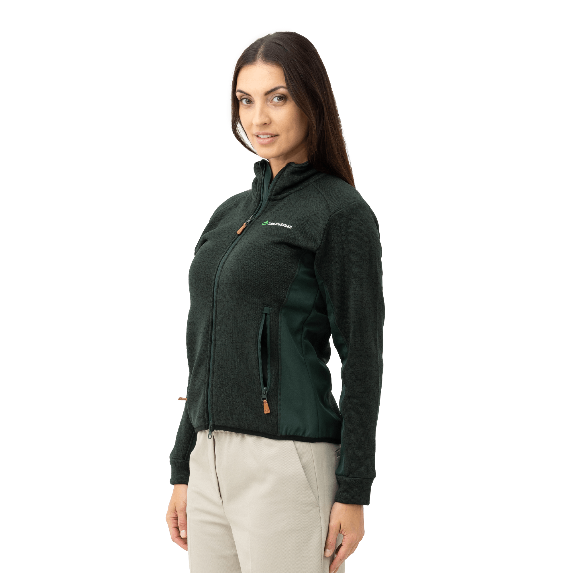 grön fleece på modell med lantmännen logga från sidan