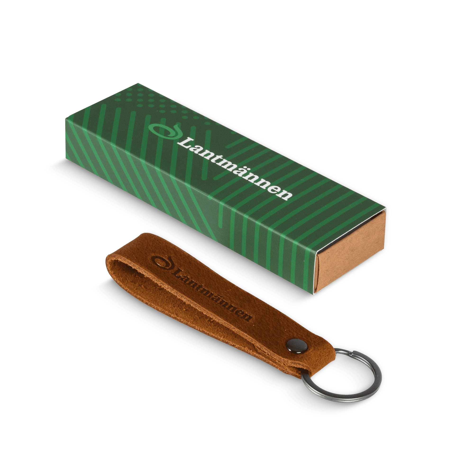 nyckelring i läder med lantmännen logga och presentförpackning