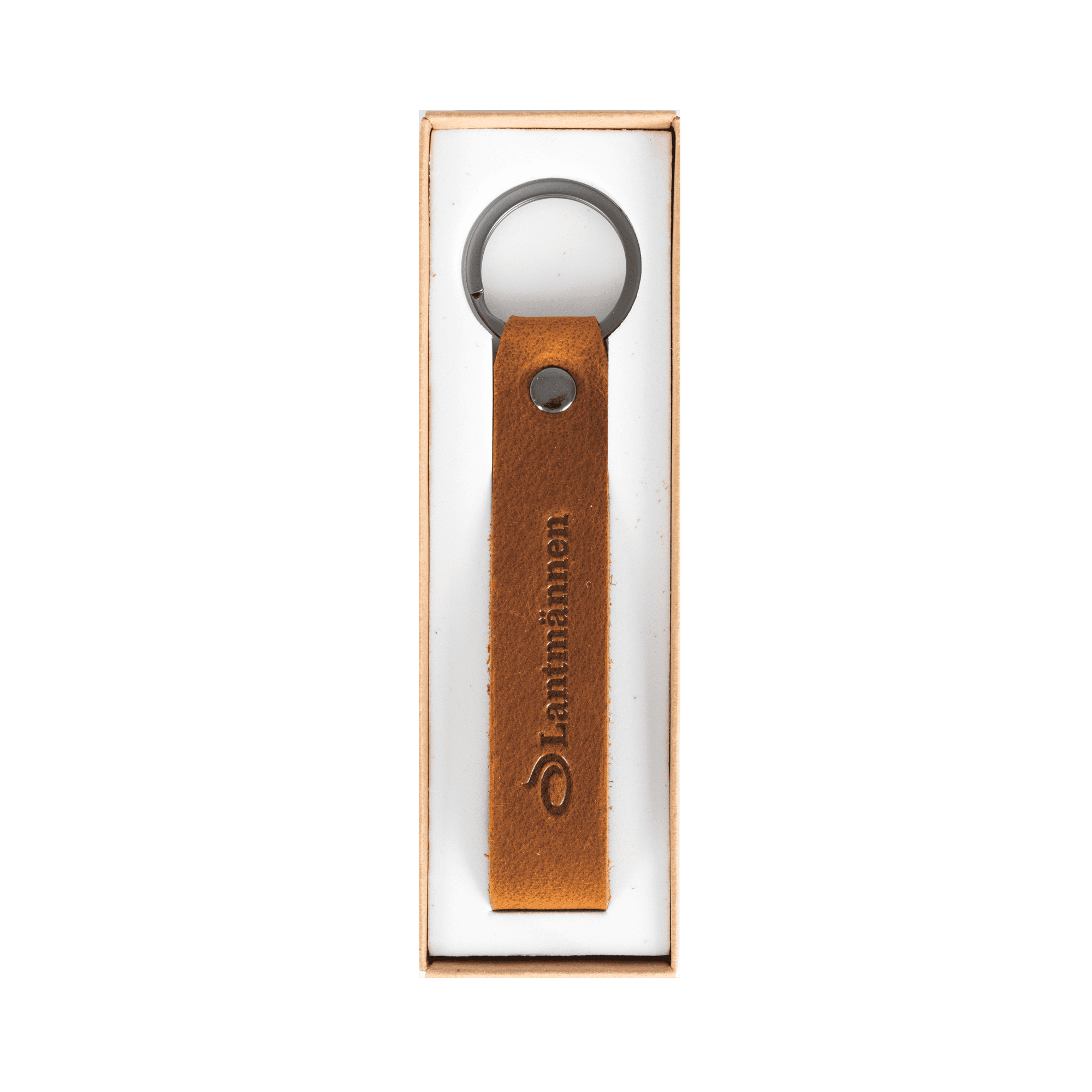 nyckelring i brunt läder i presentförpackning